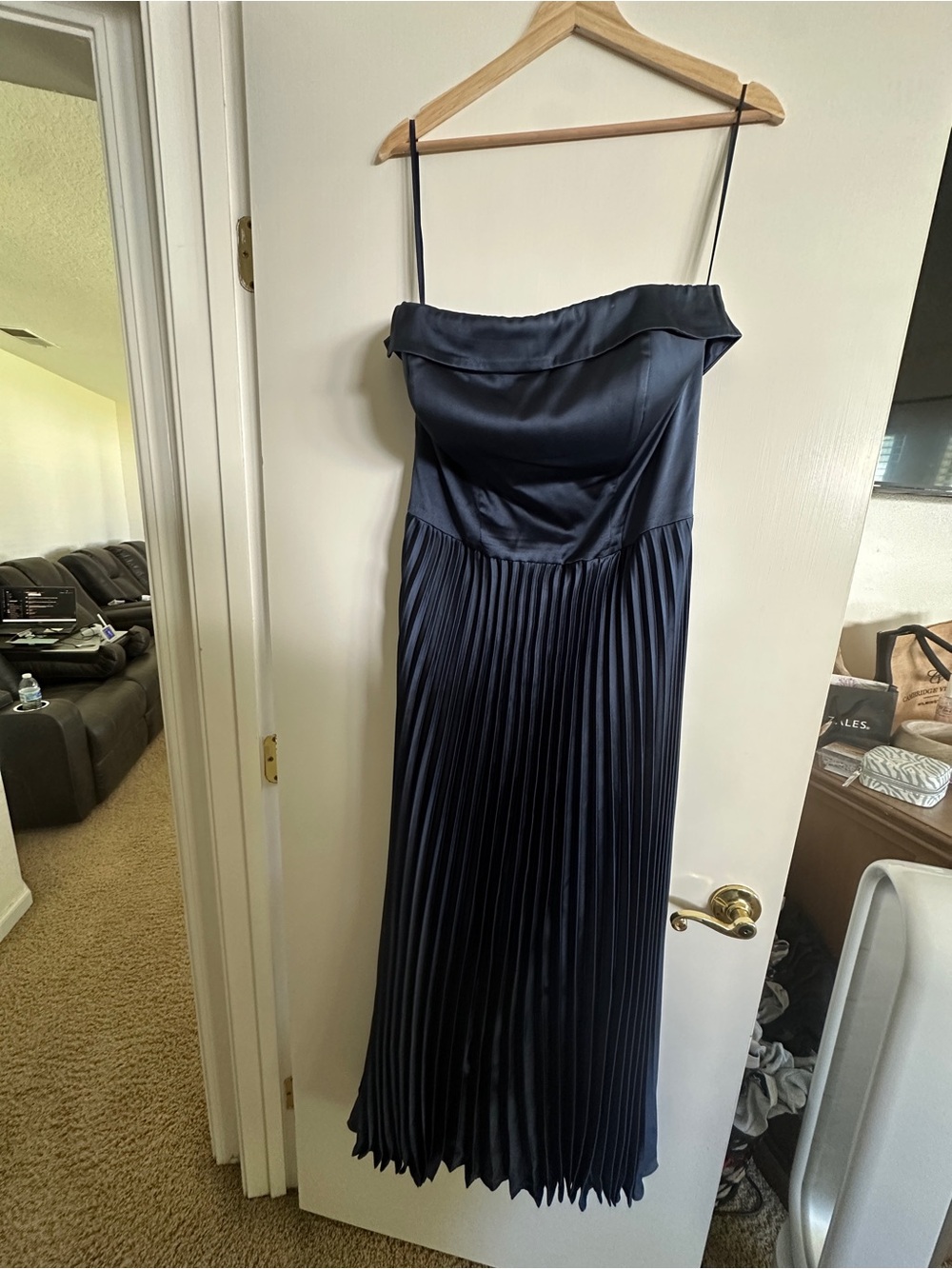 Revelry Navy Satin Pleated Maxi Dress